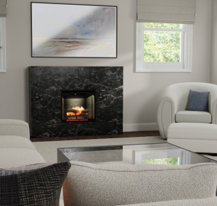 36" REVILLUSION BUILT-IN FIREBOX, NEUTRAL BRICK, ENHANCED EMBER BED, TUMBLED GLASS, BLK GRAVEL, PLUG IN KIT & REMOTE