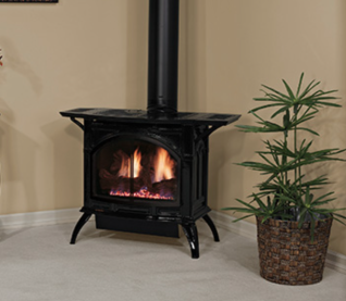 SPIRIT DV MEDIUM CAST IRON STOVE -MILLIVOLT, LP PORCELAIN BLACK W/ CONTOUR BURNER & LOG SET