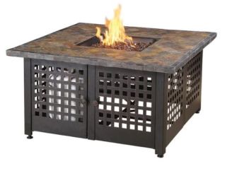 ELIZABETH LP GAS OUTDOOR FIRE PIT W/SLATE & MARBLE MANTEL **INCLUDES BRONZE FIREGLASS**