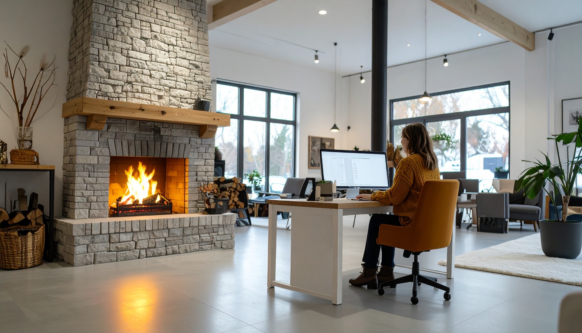 Firefly_Small_business_owner_in_a_fireplace_store_sitting_at_a_computer_786299
