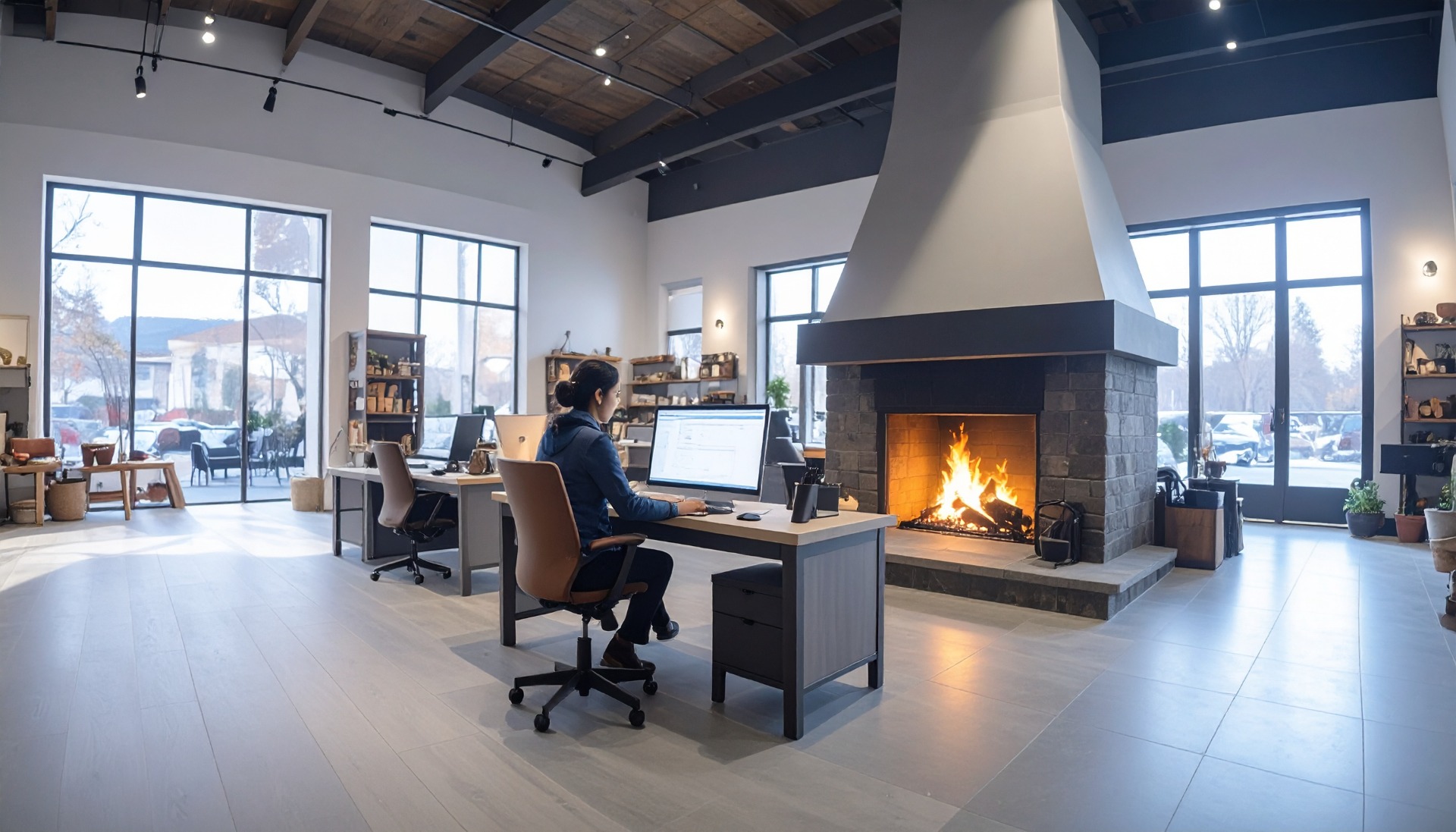 Firefly_Small_business_owner_in_a_fireplace_store_sitting_at_a_computer_877154
